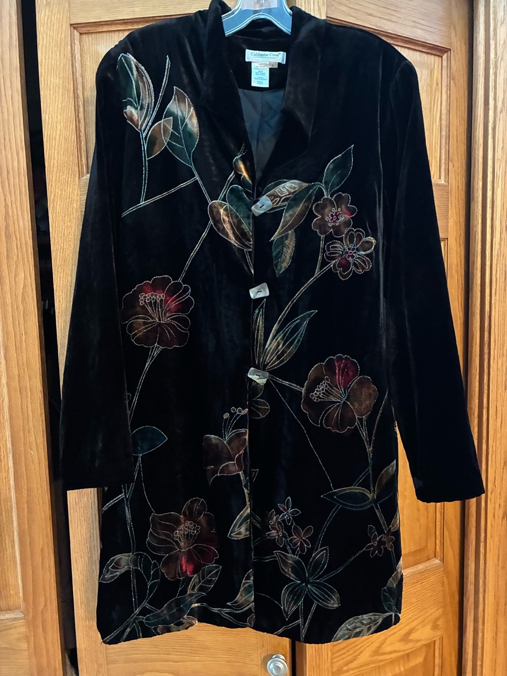 Coldwater Creek Black Velvet Floral Embroidered Long Jacket